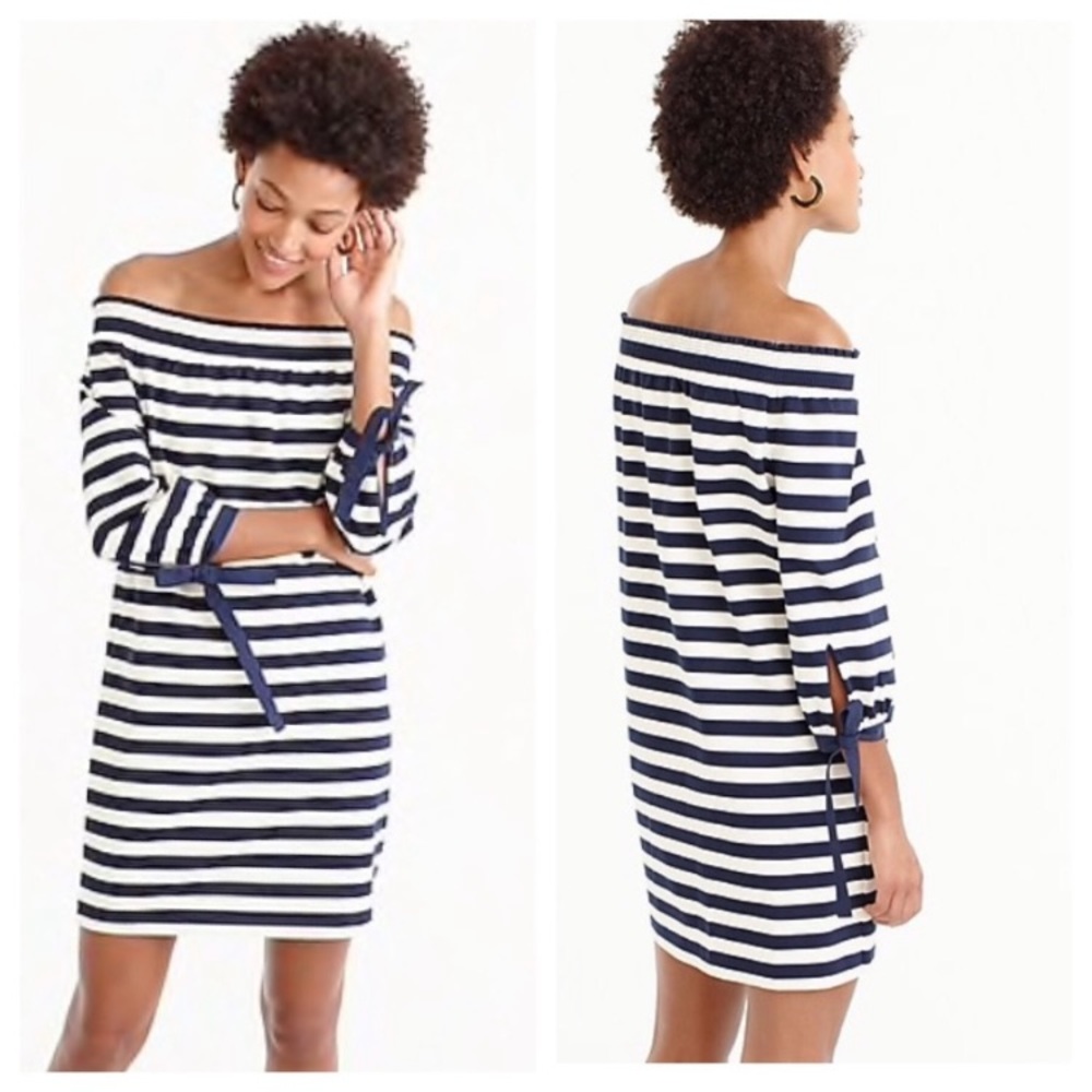 J. Crew Nautical Blue Striped Off The Shoulder Dress